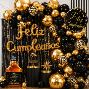 SET DE GLOBOS ARCO XL FELIZ CUMPLEA�OS WHISKY NEGRO Y ORO (GY 7868) 100 UNIDADES